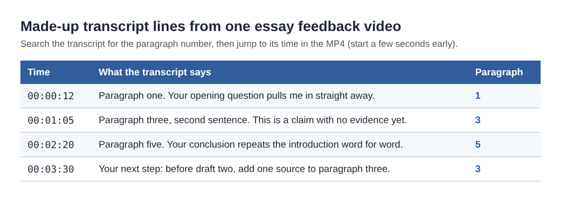 Table of four made-up transcript lines from an essay feedback video, with their times and the paragraph each comment is about
