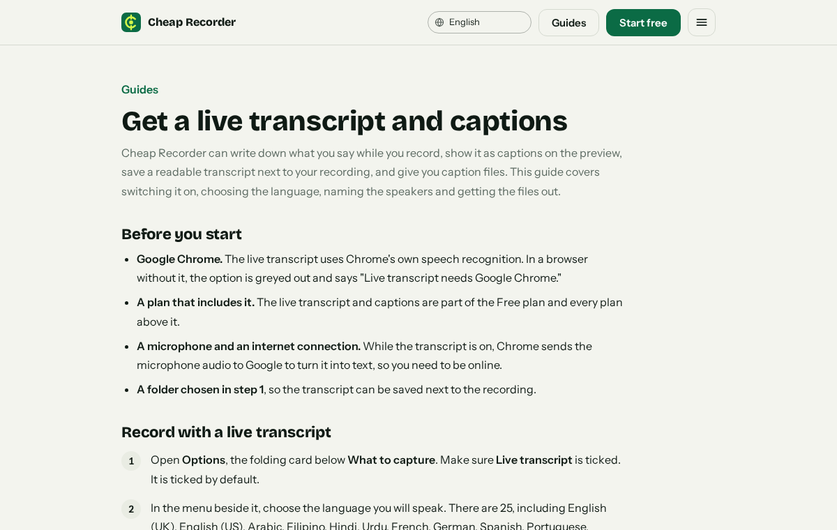 The live transcript and captions guide on cheaprecorder.com, with steps for turning on the transcript