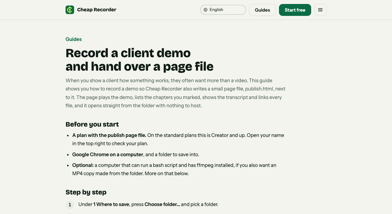 Top of the Cheap Recorder guide on recording a client demo and handing over a page file