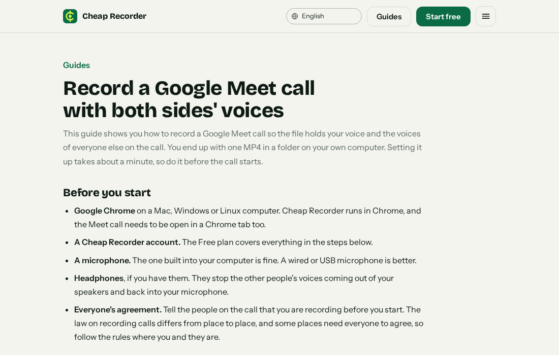 The Cheap Recorder guide page about recording a Google Meet call
