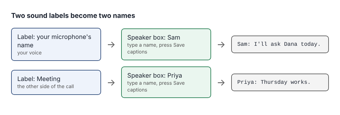 Diagram of two sound labels, your microphone and Meeting, each turned into a name in the transcript