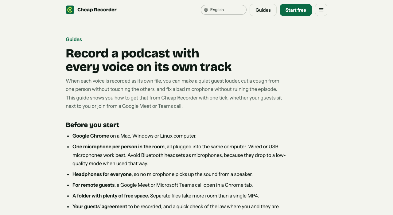The separate tracks guide on cheaprecorder.com, which explains one file per voice and speaker labels