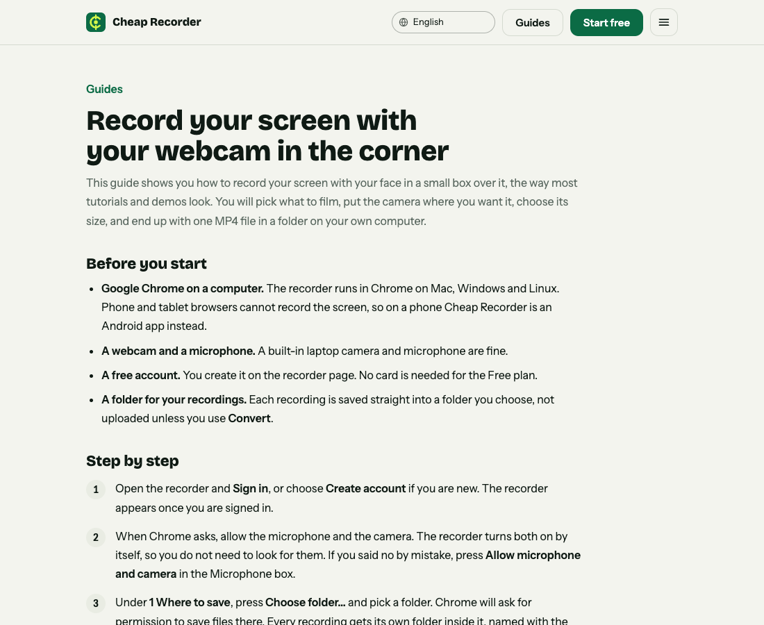 The top of the Cheap Recorder guide on recording your screen with your webcam in the corner