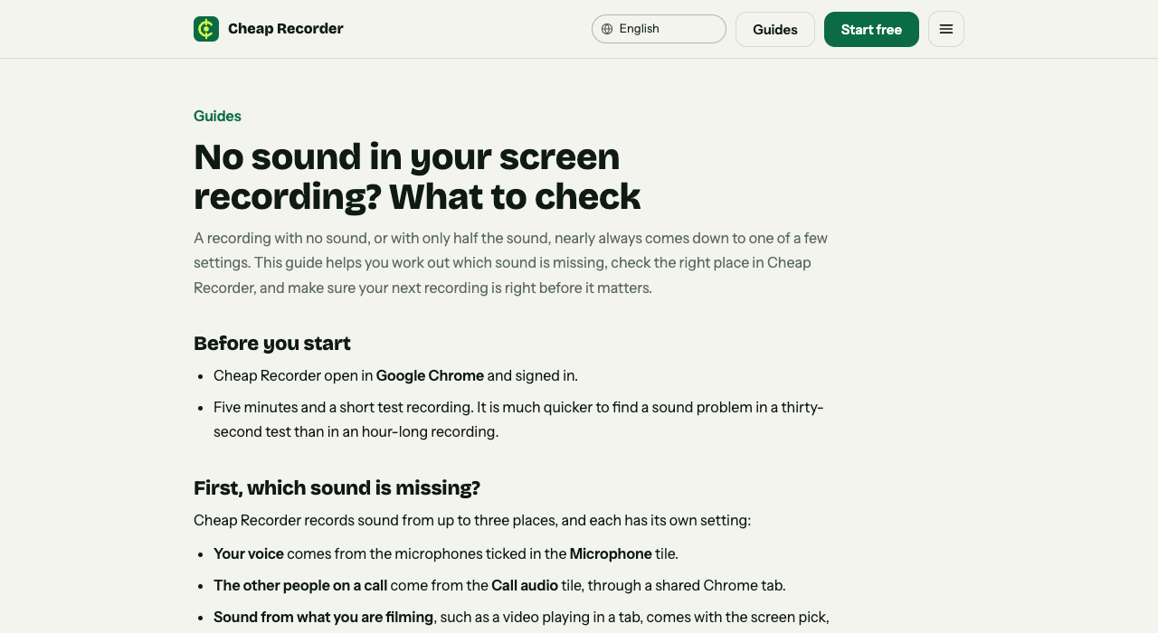 Top of the Cheap Recorder guide on no sound in a screen recording
