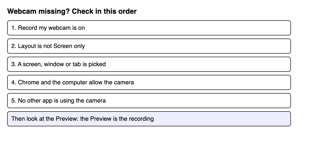 Five boxes listing the checks for a missing webcam, in order, ending with looking at the Preview