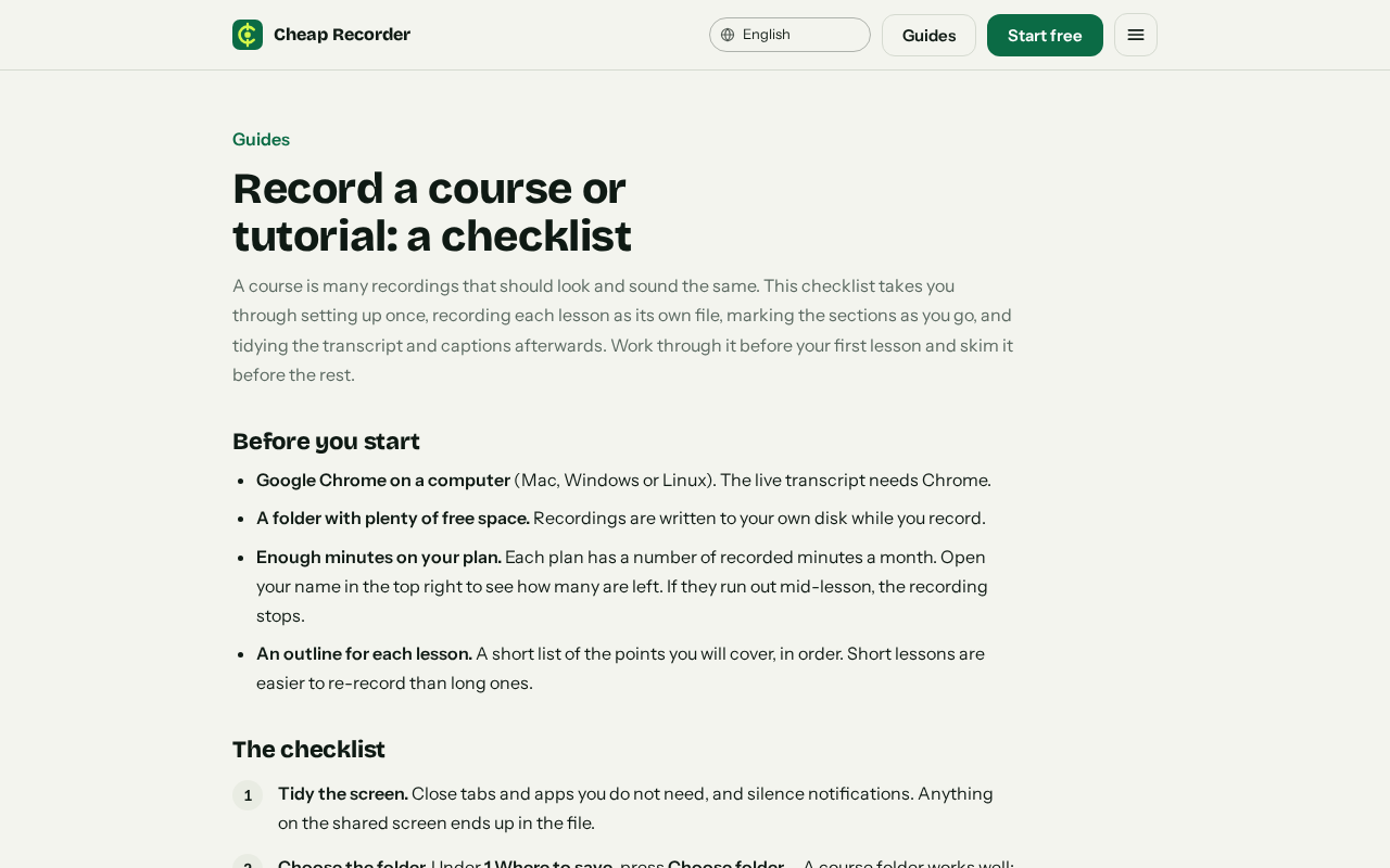 The record a course or tutorial guide on cheaprecorder.com, with steps for lesson style recordings