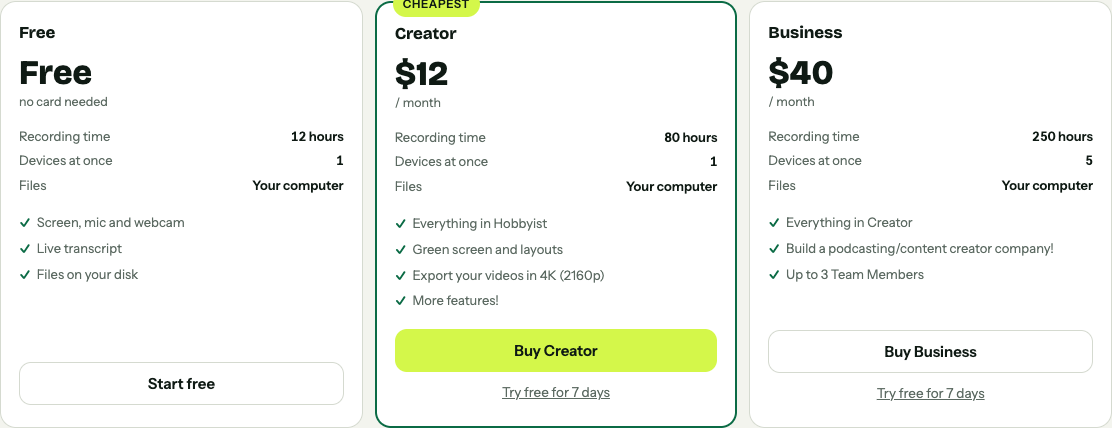 Cheap Recorder plan cards showing 12, 80 and 250 hours of recording a month
