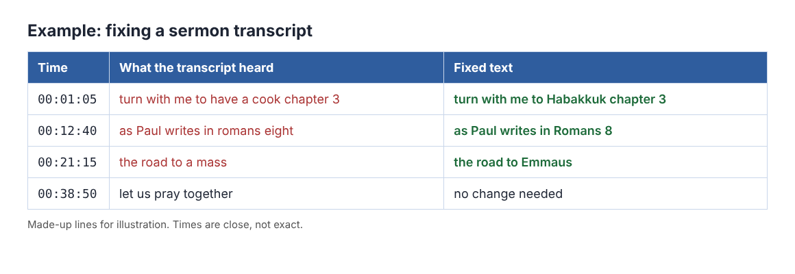 Table of four example sermon transcript lines with times, showing misheard Bible book names and the corrected text