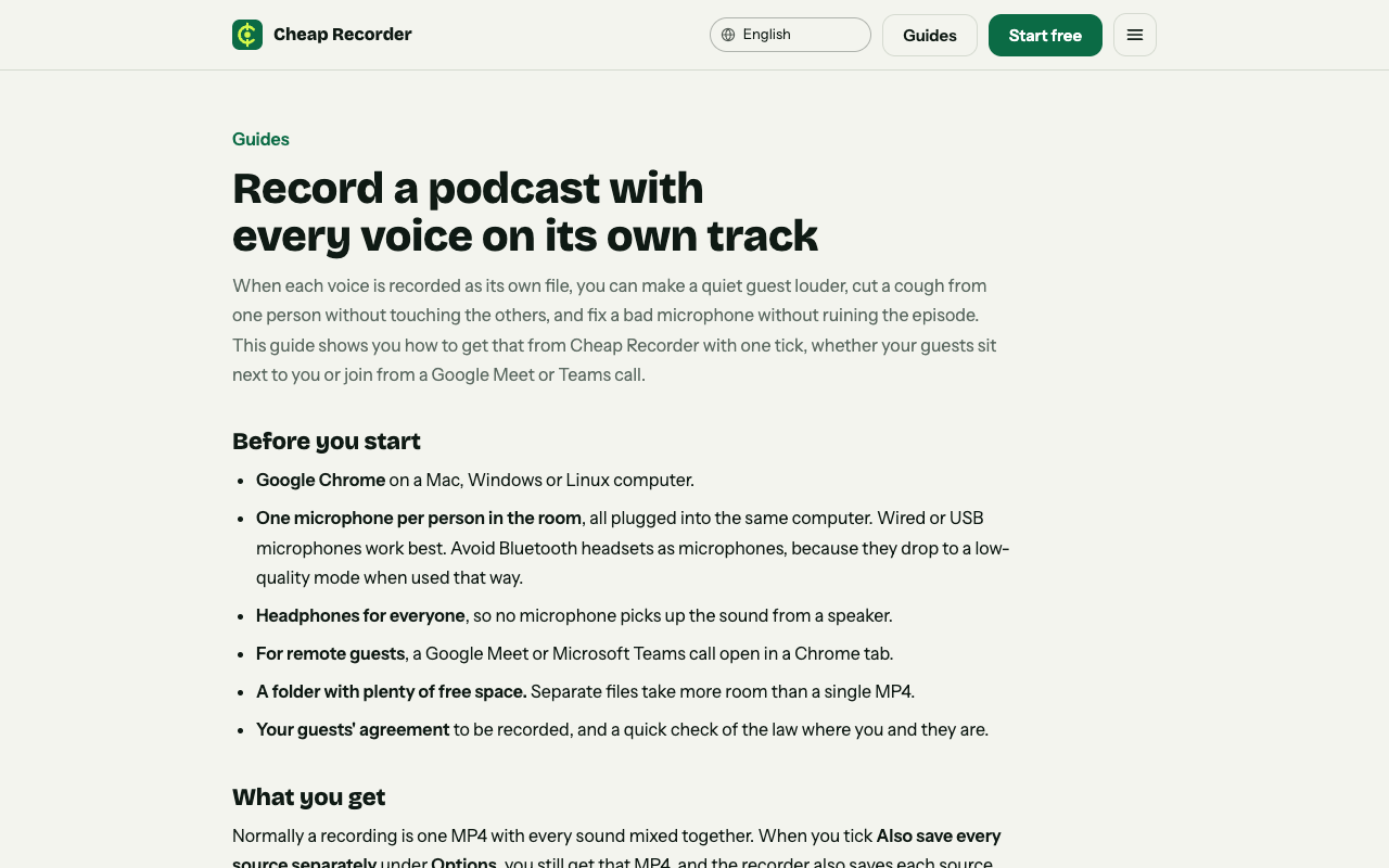 The podcast separate tracks guide on cheaprecorder.com, showing how to record a podcast with a remote guest