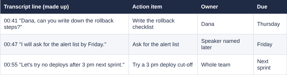 A table of three made-up transcript lines from a retro and the action item written from each, with owner and due date
