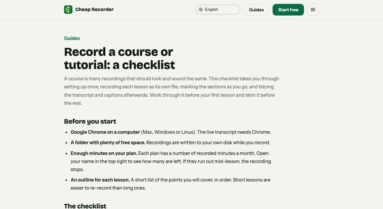 Top of the Cheap Recorder guide on recording a course or tutorial