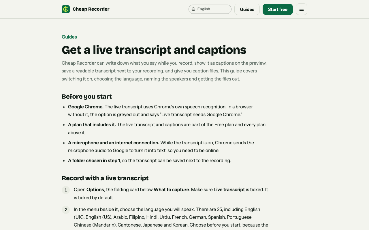 The Cheap Recorder guide on live transcript and captions, on cheaprecorder.com