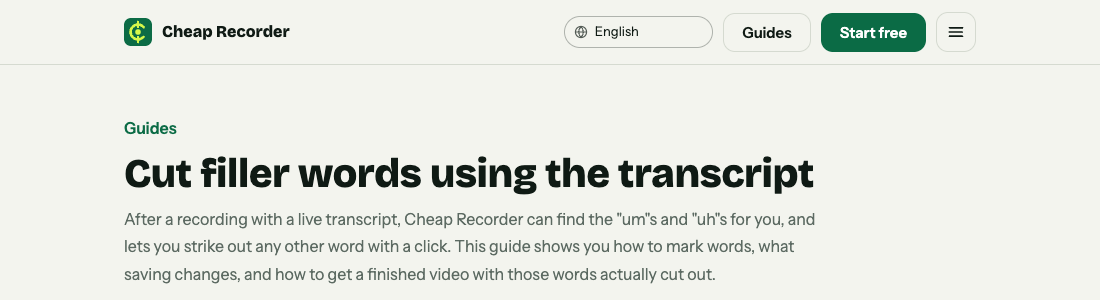 Top of the Cheap Recorder guide Cut filler words using the transcript
