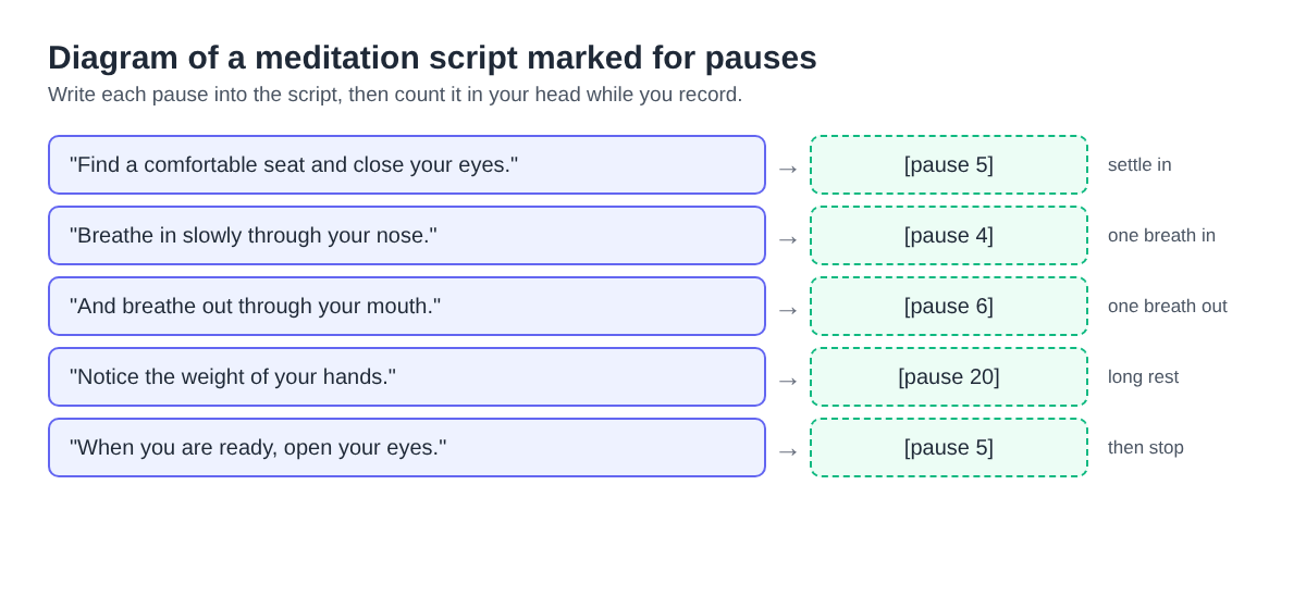 Diagram of five meditation script lines, each followed by a written pause in seconds