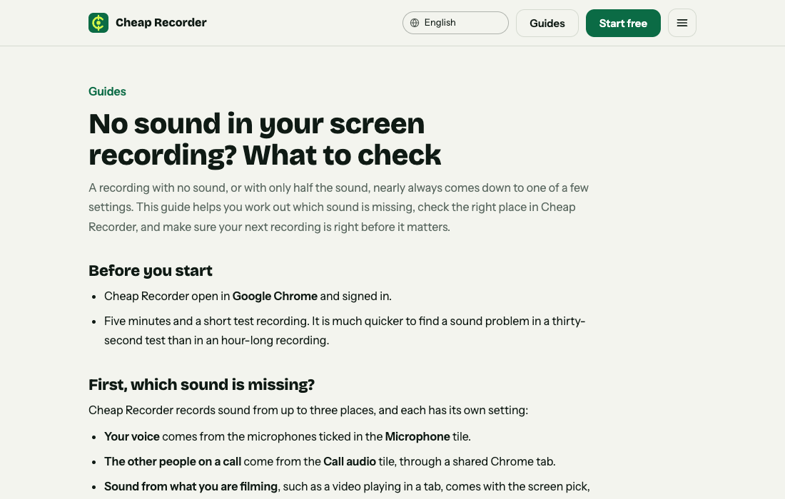 The Cheap Recorder guide on no sound in a screen recording, on cheaprecorder.com