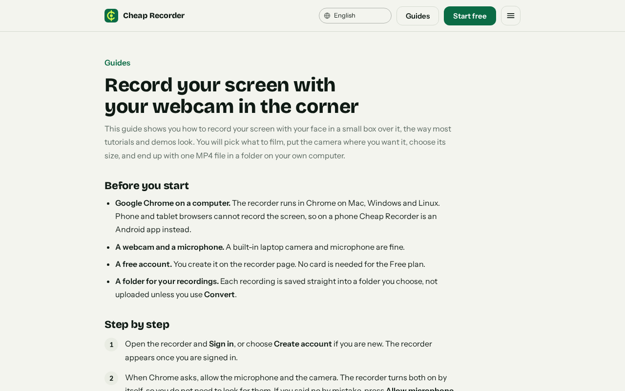 The Cheap Recorder guide page on recording your screen and webcam together