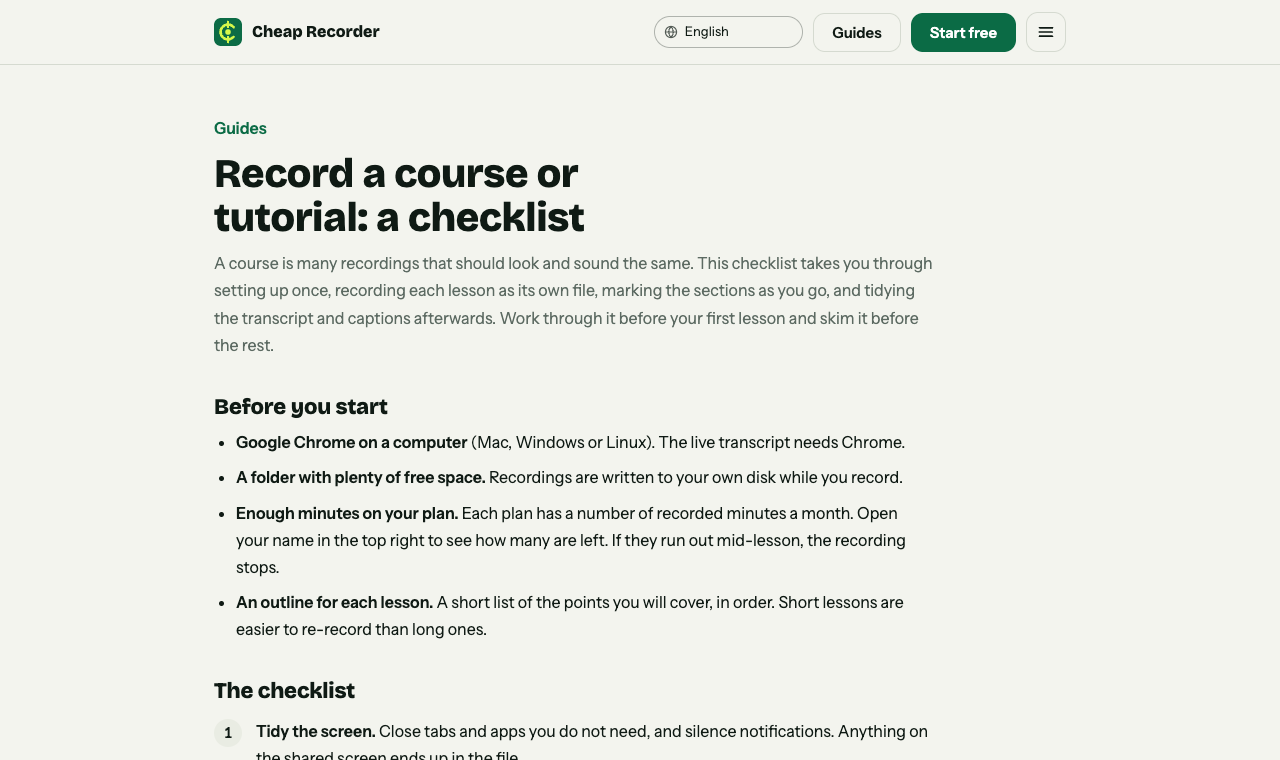 The Cheap Recorder guide Record a course or tutorial, a checklist, on cheaprecorder.com