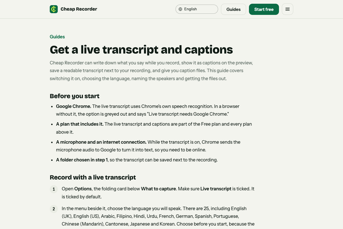The Cheap Recorder guide page about the live transcript and captions