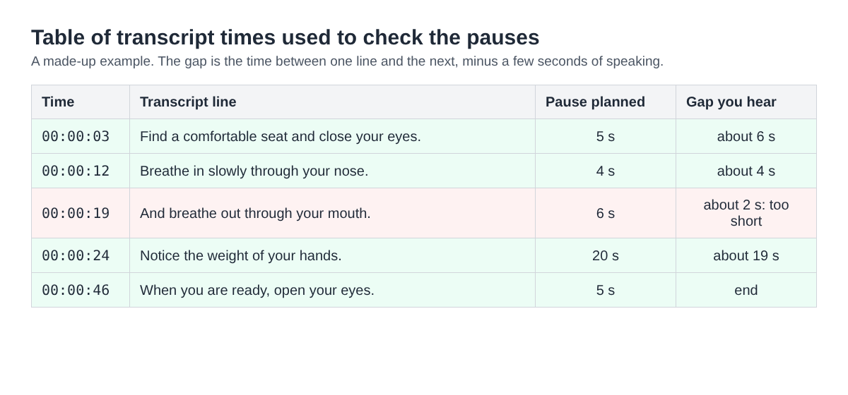 Table of transcript times next to planned pauses, with one pause marked too short