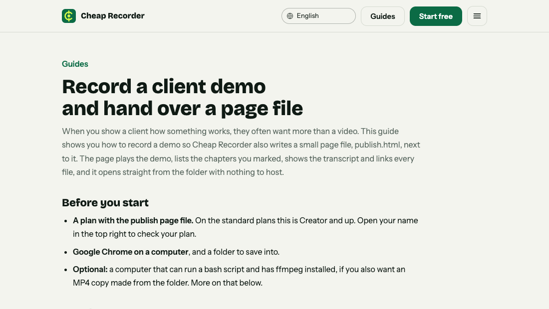 Top of the Cheap Recorder guide Record a client demo and hand over a page file